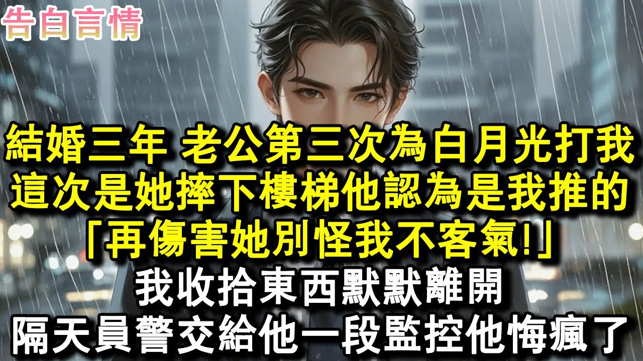結婚三年，老公第三次因為他白月光打了我，這一次是白月光摔下樓梯他認為是我推的，「再傷害她別怪我不客氣!」我收拾東西默默離開，隔天員警交給他一段監控他悔瘋了。#小說 #愛情 #故事
