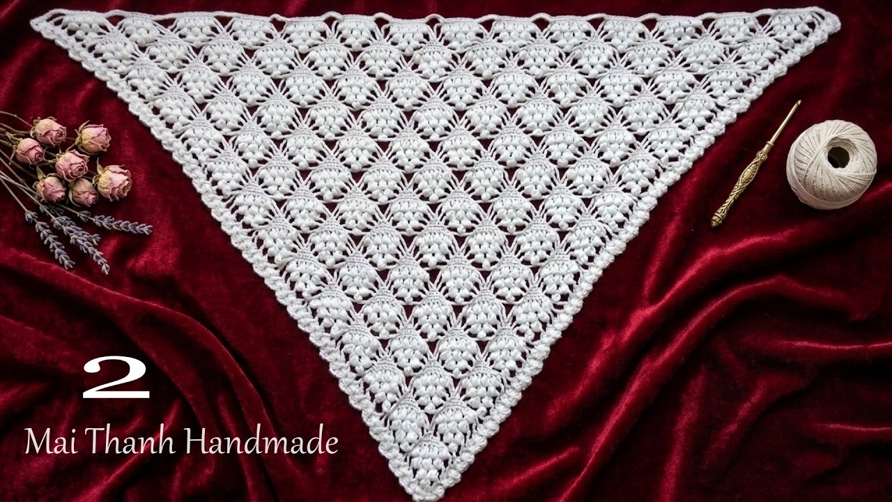 Crochet triangle scarf tutorial (Eng sub) I Móc khăn len tam giác họa tiết chùm nho (2/2)