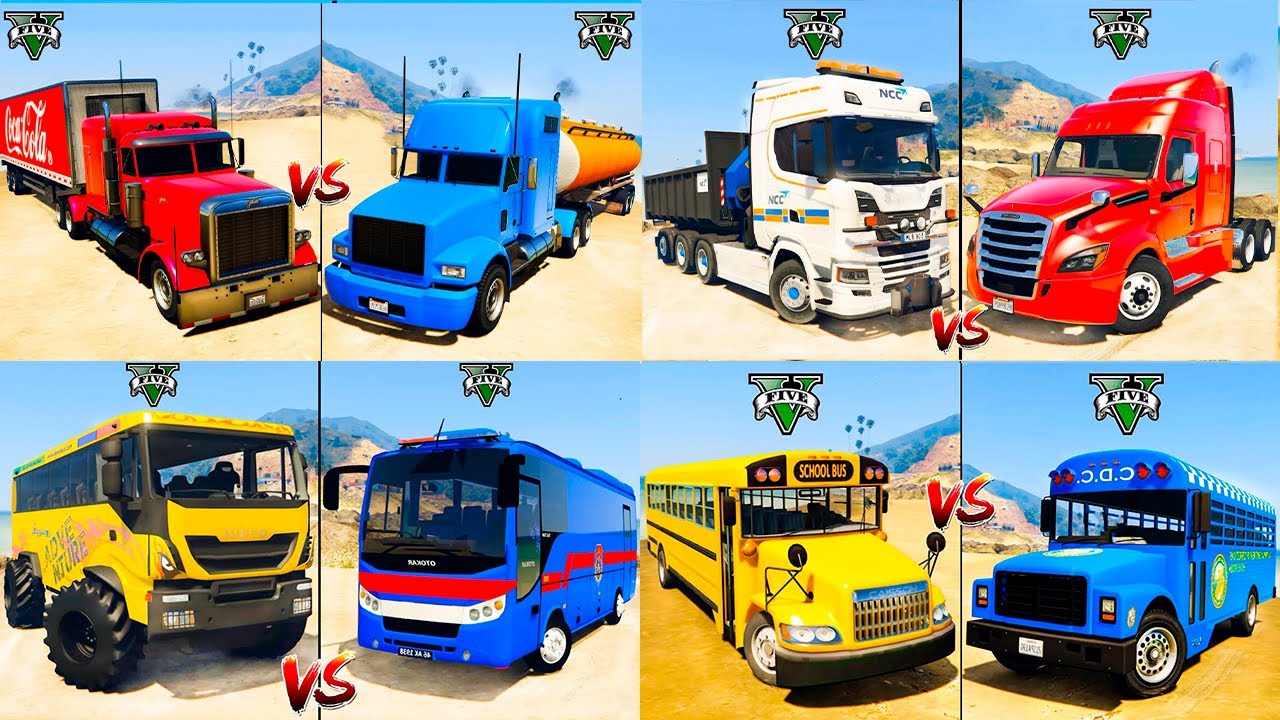 Coca-Cola Truck vs School Bus vs Man Truck vs Monster Truck - Epic GTA 5 Mods