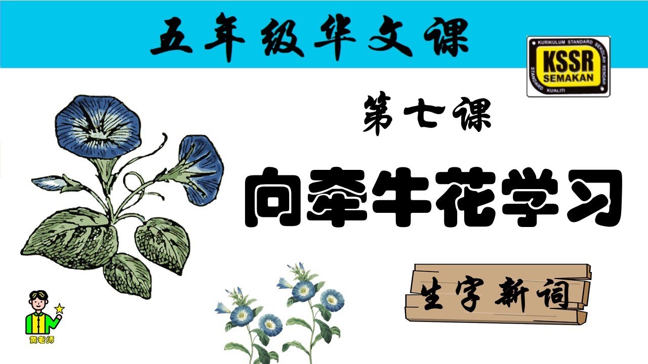 五年级华文  第七课 《 向牵牛花学习 》 生字新词 含义 汉语拼音 例句 笔画 笔顺 部首 汉字结构 构词 KSSR SEMAKAN