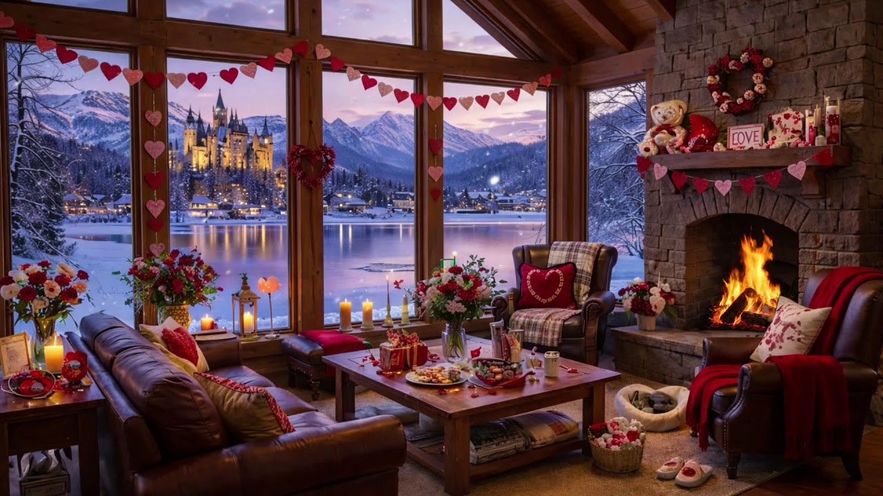 💖 Romantic Winter Lodge (NO MID-ROLL ADS) – Fireplace & Snowy Castle Jazz