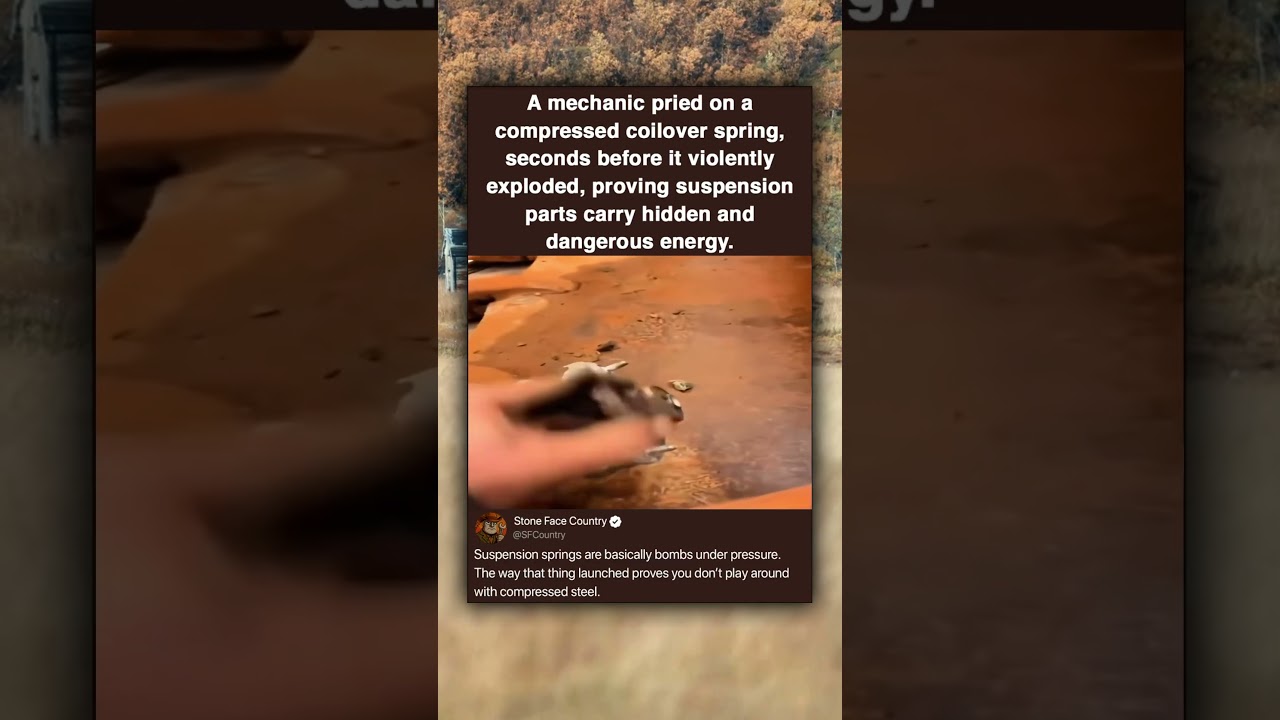 A mechanic pried on a compressed coilover spring, seconds before it exploded, proving suspension