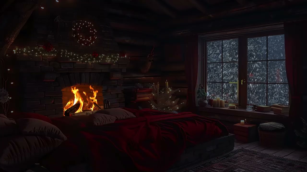 Cozy Cabin Ambience with Gentle Night Rain and Crackling Fireplace Sounds for Relaxation  3 Hours