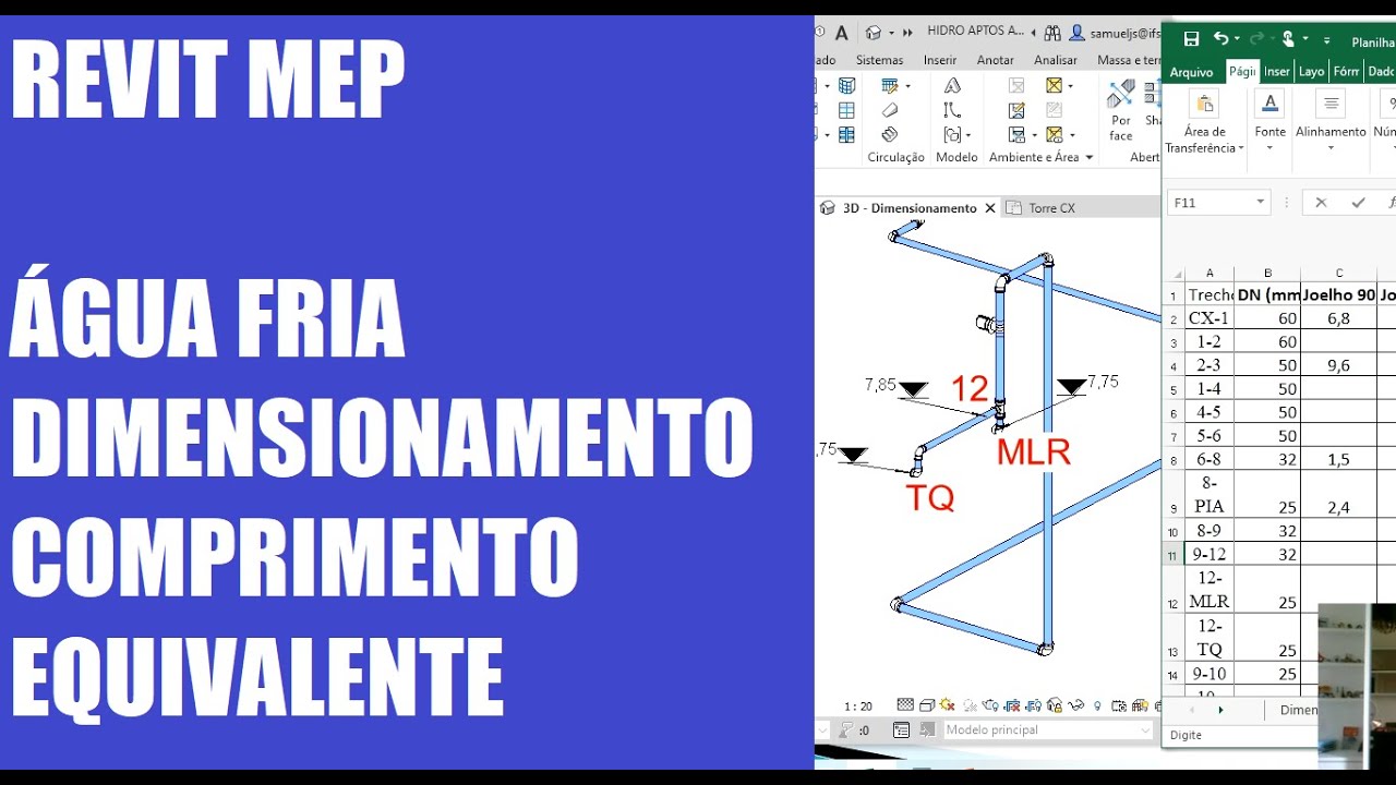 Aula 17 Revit MEP Exemplo Agua Fria, dimensionamento, Comprimento equivalente, perda carga conex&atilde;o
