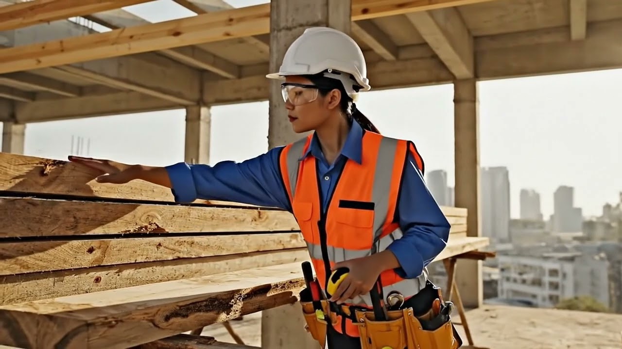 Building a wooden house by hand in the forest