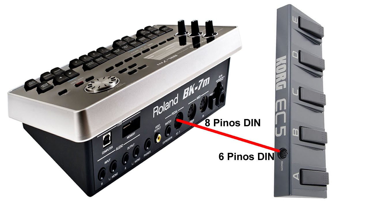 Pedaleira Korg EC5 controlando Módulo Roland BK7m