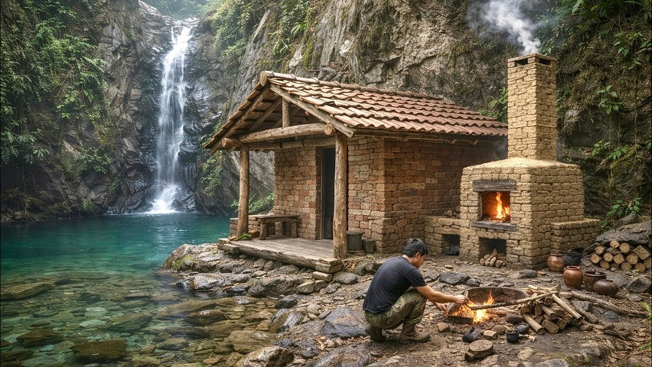 Built a Brick Survival House Beside a Waterfall | Dream Bushcraft shelter in the Wild