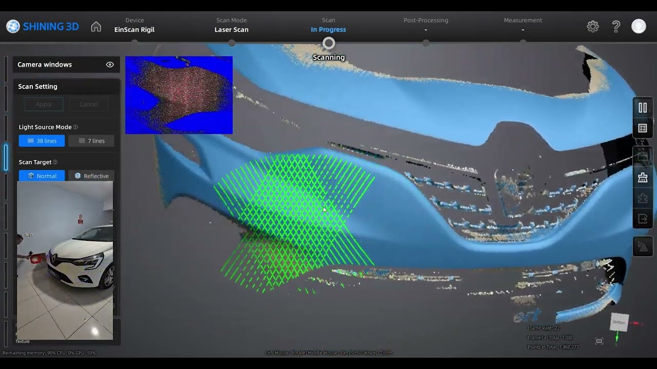 Einscan Rigil Markerless Laser 3D Scanning - Car Bumper