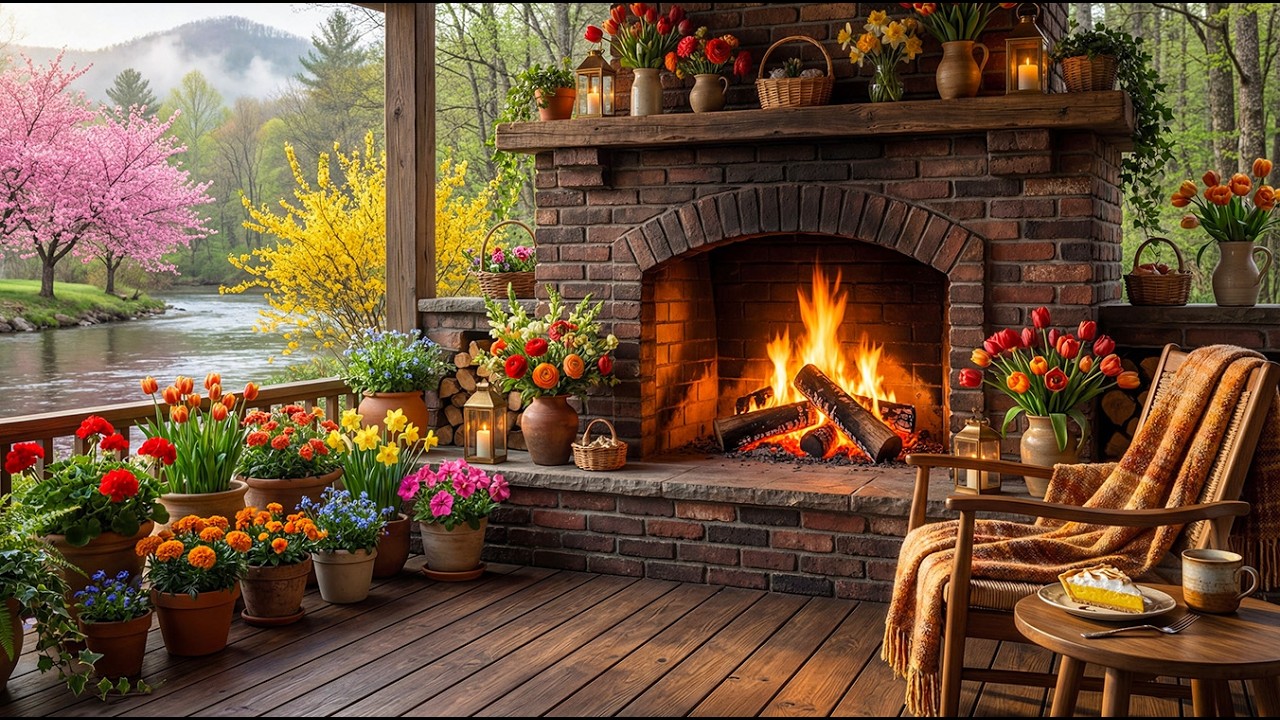 Peaceful Spring Fireplace Scene 🔥 Nature Sounds by the River
