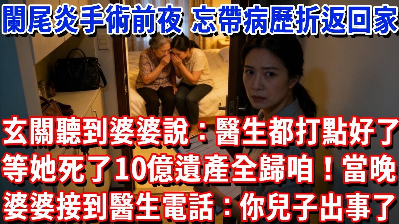闌尾炎手術前夜，忘帶病歷折返回家，玄關聽到婆婆說：醫生都打點好了，等她死了10億遺產全歸咱！當晚婆婆接到醫生電話：你兒子出事了！#小魚故事會#為人處世#人生感悟#中老年生活