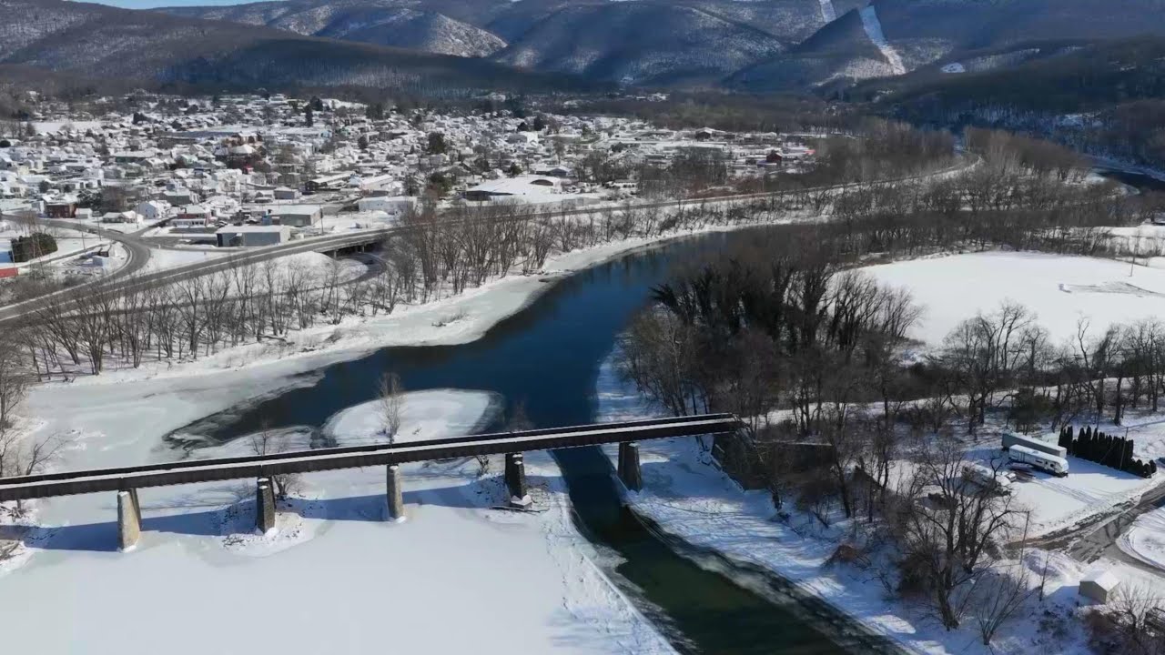 Downtown Lewistown, river bridge and more shot on Mavic 4 Pro