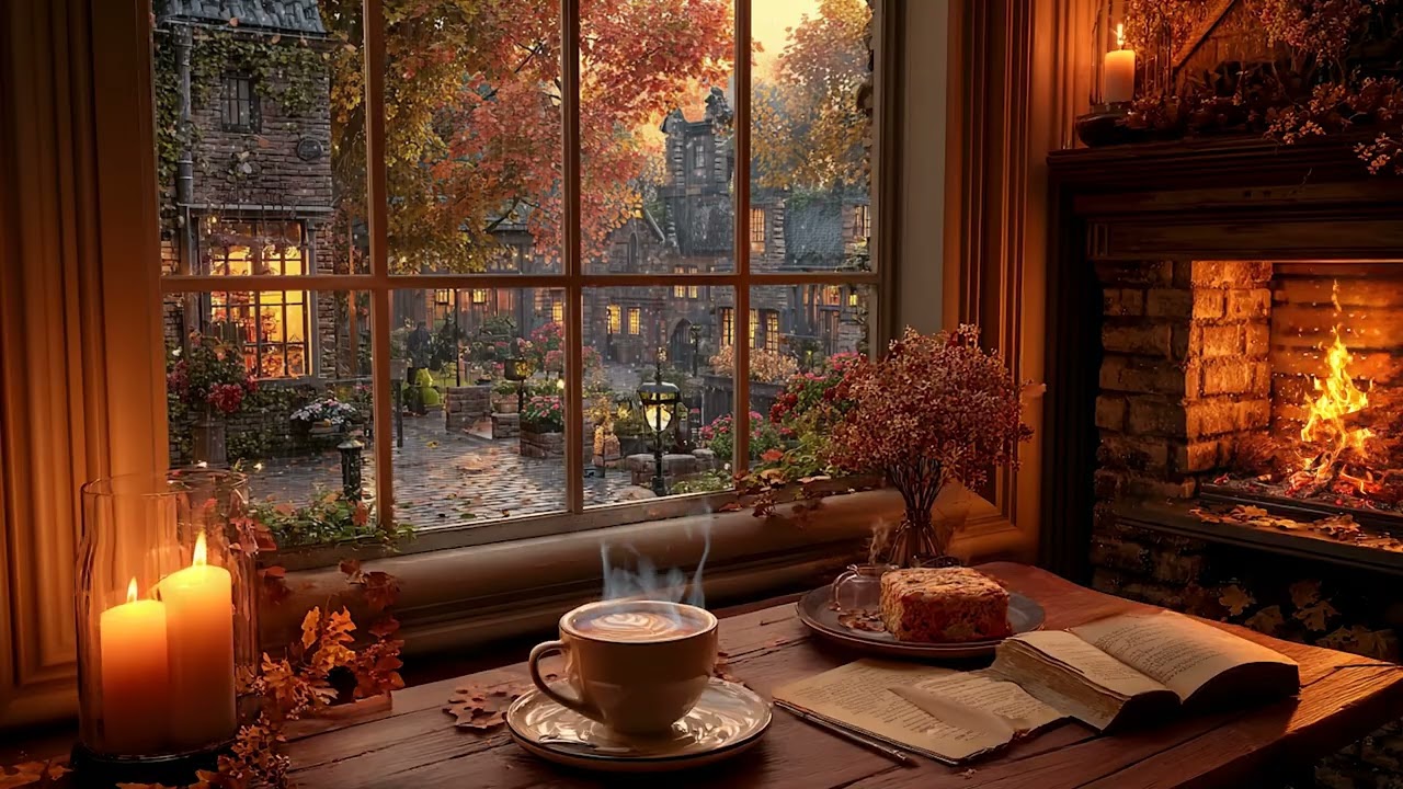 Snow Falling, Jazz Playing ❄️ Cozy Winter Café Ambience with Fireplace Glow for Focus & Comfort