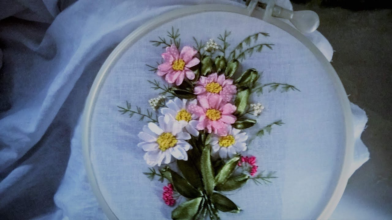 Hand embroidery. Ribbon work embroidery. Ribbon work flowers design.