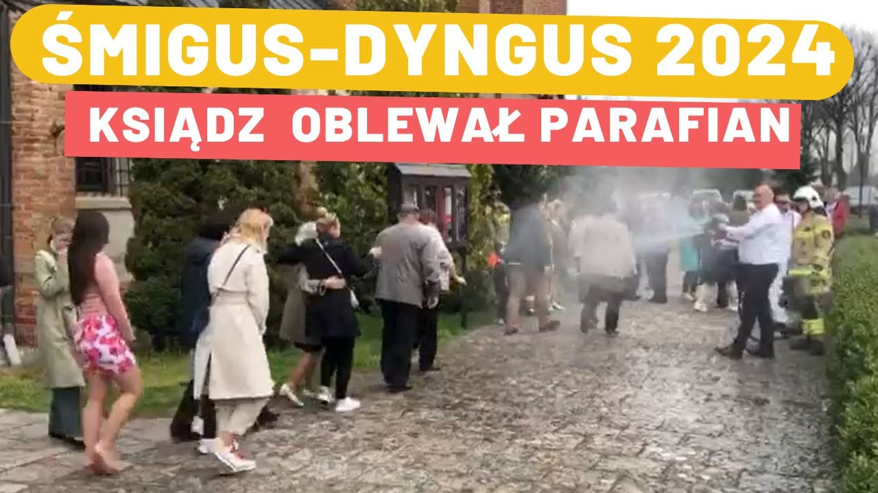 Śmigus-dyngus 2024. Ksiądz oblewał parafian ze strażackiego węża