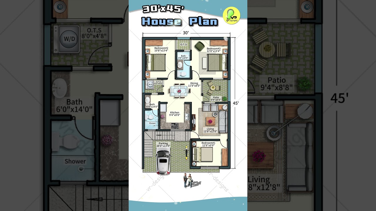 30&rsquo;&times; 45&rsquo; House Plan with Car Parking, 30 by 45 Home Plan, 30*45 House Plan, East Facing 3BHK Home