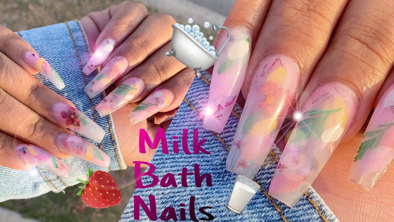 Strawberry Milk Flower Bath Nails|Acrylic Fullset