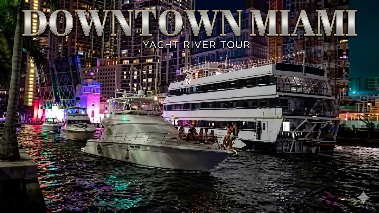 BRICKELL & DOWNTOWN MIAMI AT NIGHT LIGHTS, SKYSCRAPERS & LUXURY YACHTS UHD 4K FL USA