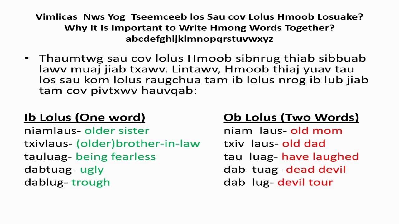 Hmong words: Meaning between single and double words