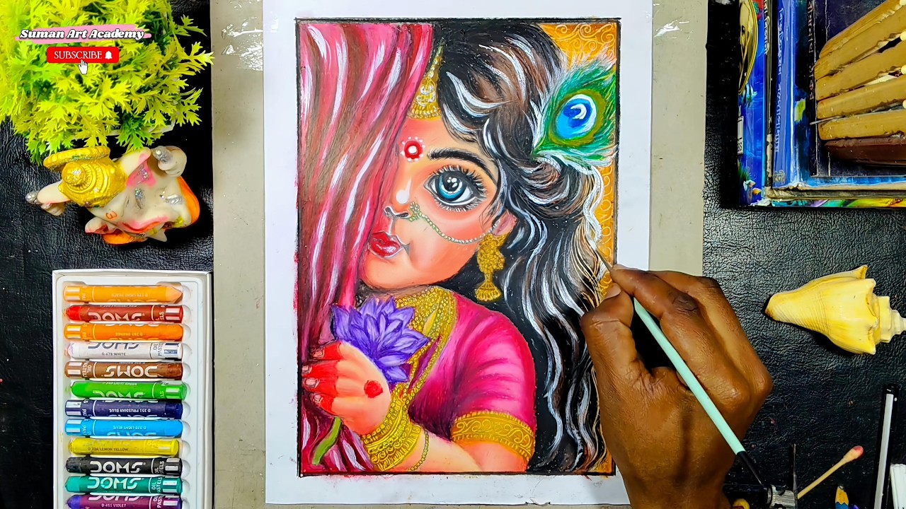 How to draw Radharani with oil pastel colours//Easy oil pastel drawing for beginners//Step by step