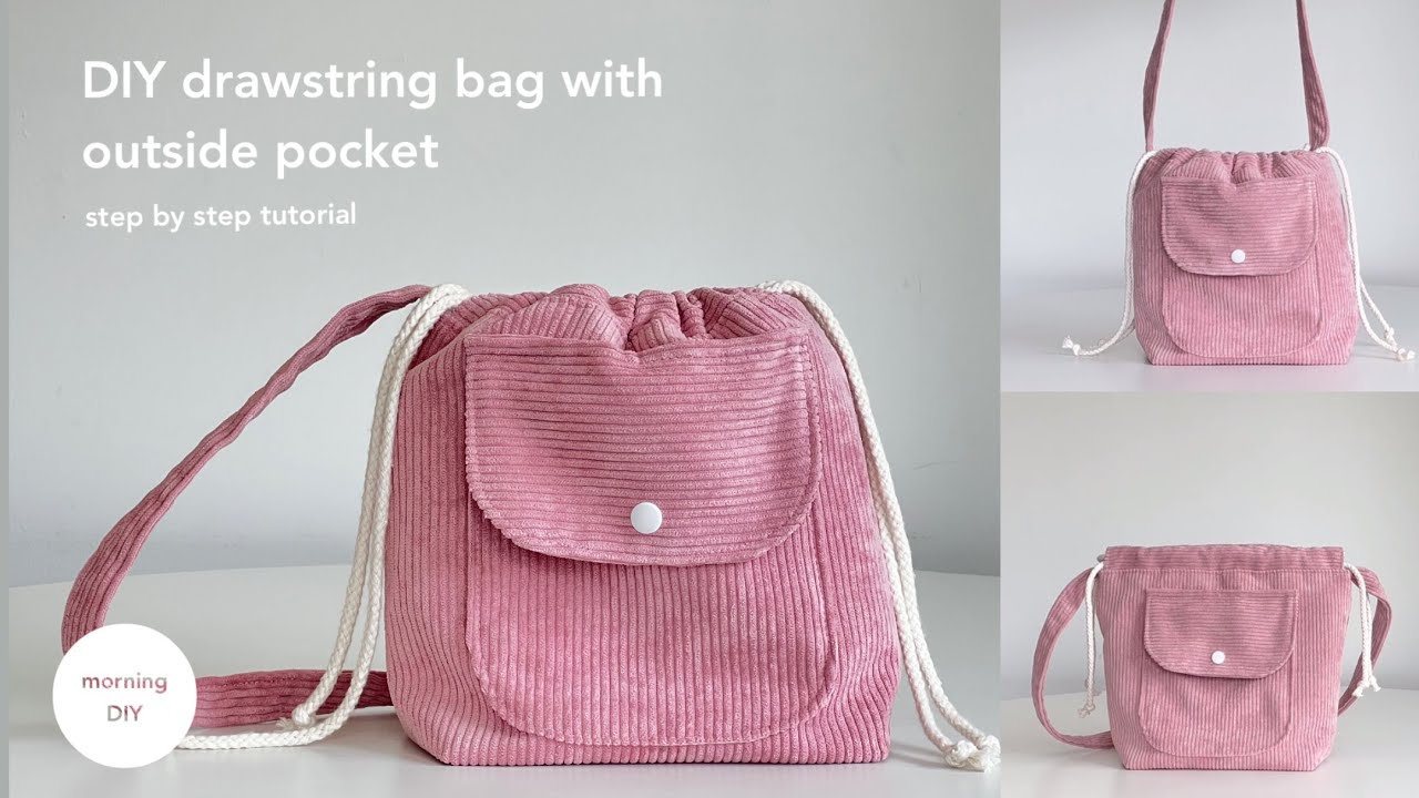 DIY drawstring bag with outside pocket | How to make a drawstring bag