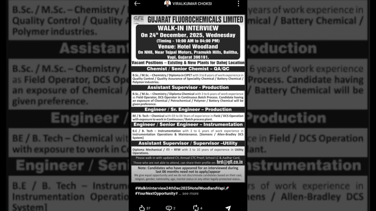 🎓 Qualification: B.Sc / M.Sc Chemistry, Diploma, BE/B.Tech Chemical / Instrumentation jobs