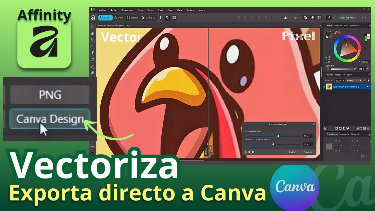 Vectoriza imagen en Affinity y súbela directamente a Canva en formato SVG, PNG, Escaladas y Gratis