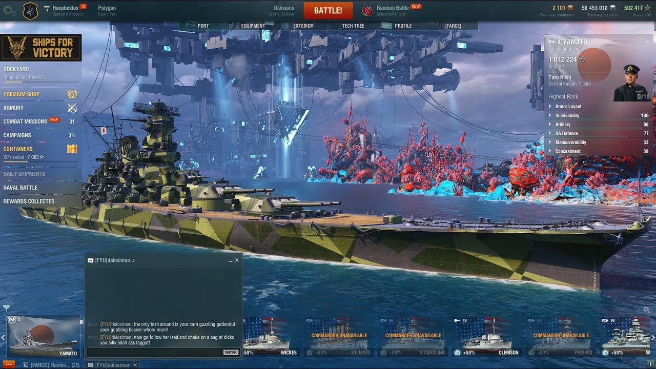 Angry racist Kid in World of Warships. Yamato win.