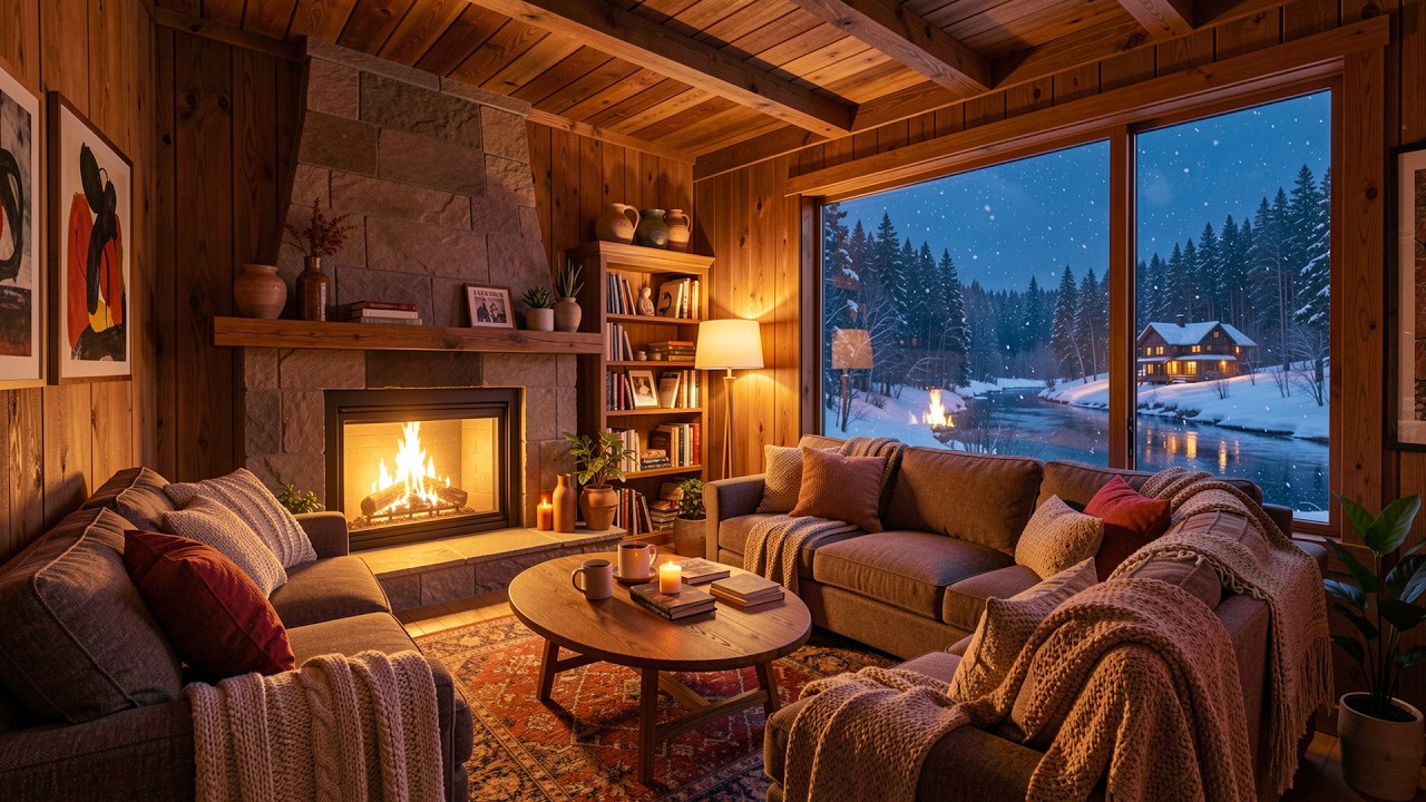 Cozy Winter Cabin Ambience ❄️ Warm Piano Jazz Music & Crackling Fireplace to Relax, Study, Work