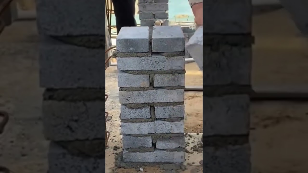 Ingenious construction skill of construction worker making brick column