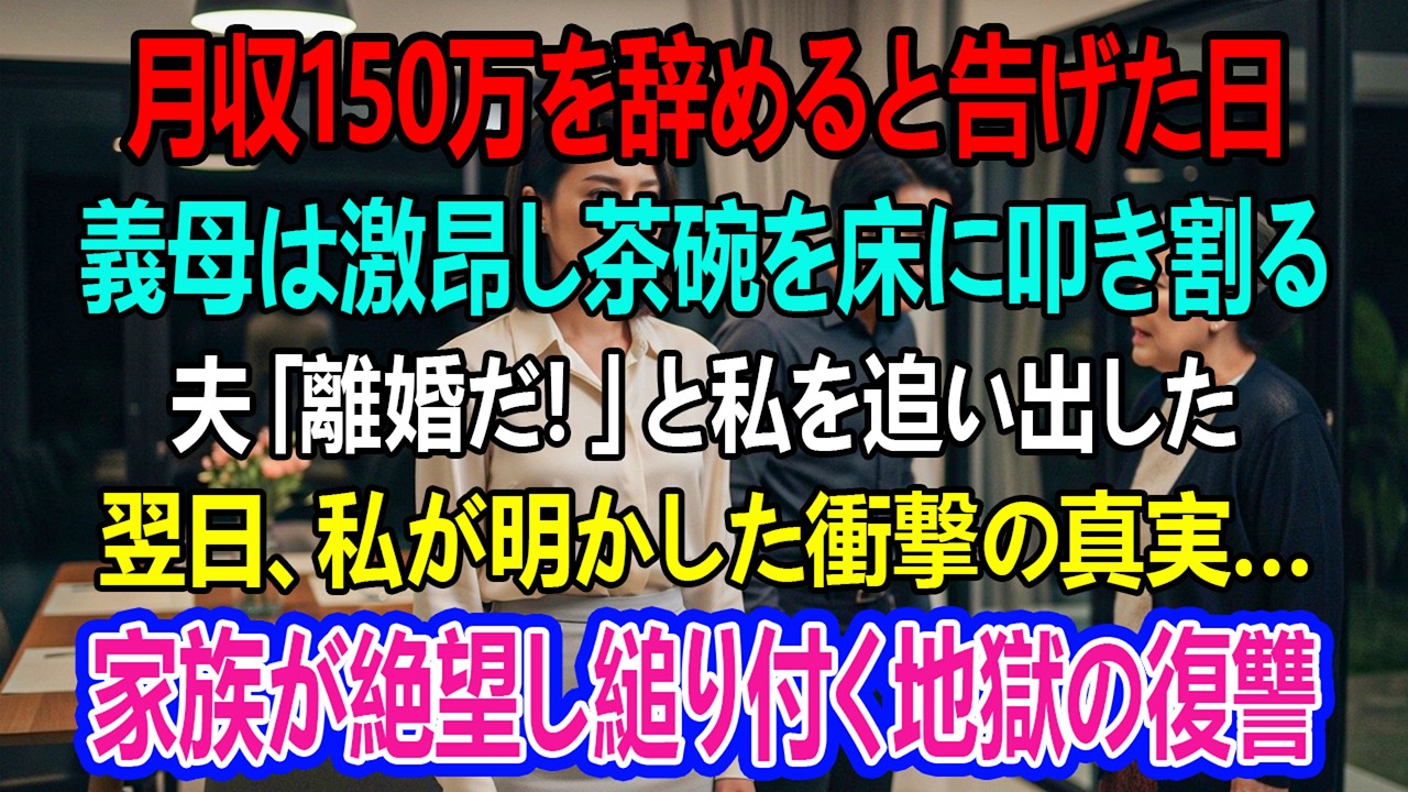 夕食の席で、私は月給150万円の仕事を辞めると告げた。義母は茶碗を床に投げつけ、『あんたが辞めたらこの家はどうするの！』と怒鳴る。夫も『離婚だ！』と叫んだ。その夜のうちに家を出た。翌日――。