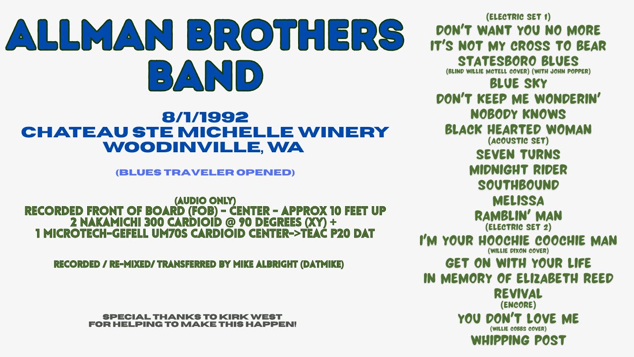 Allman Brothers Band Live at the Chateau Ste Michelle Winery - Woodinville, WA 8-1-1992 (FULL SHOW)