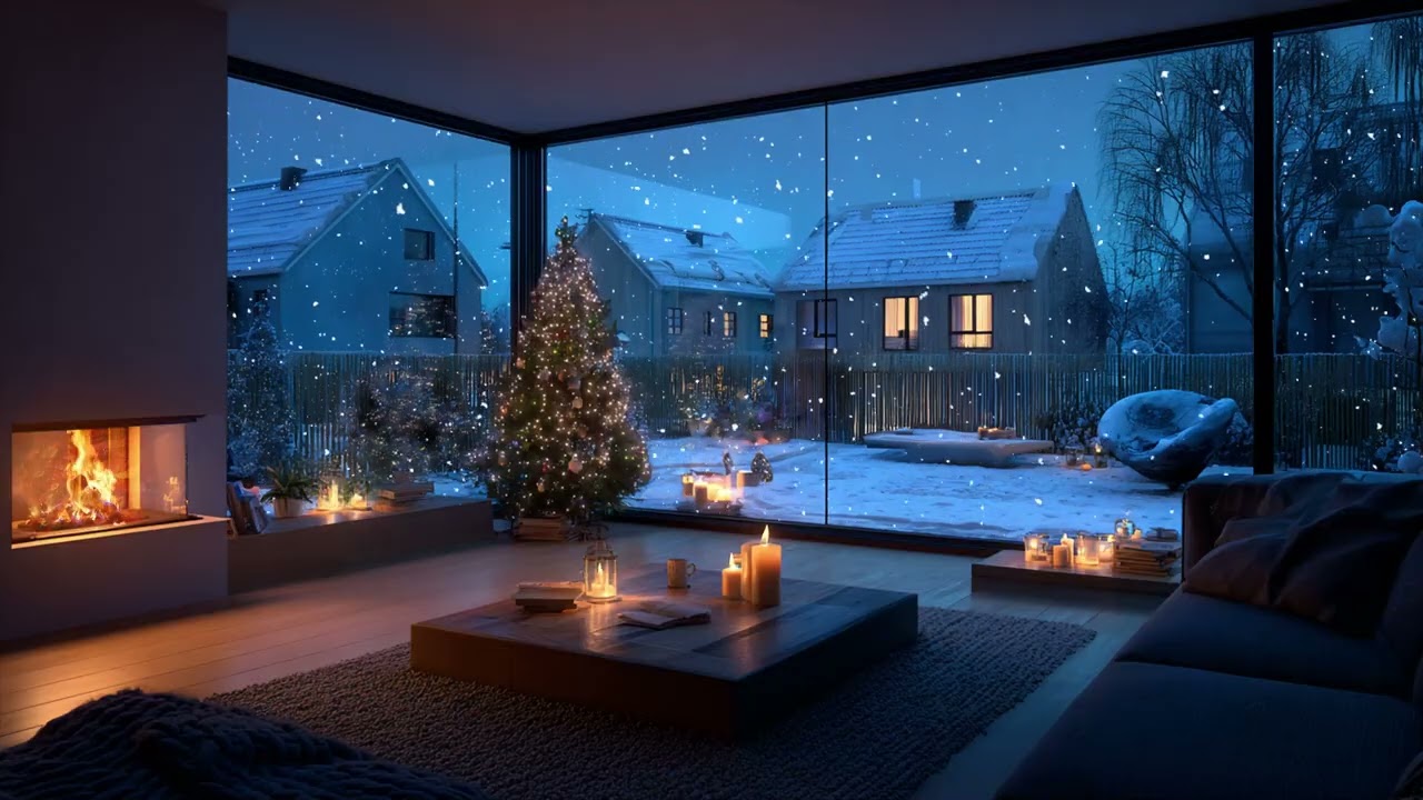 Peaceful Winter Cabin ❄️ Fireplace Ambience, Snowfall & Soft Piano Music