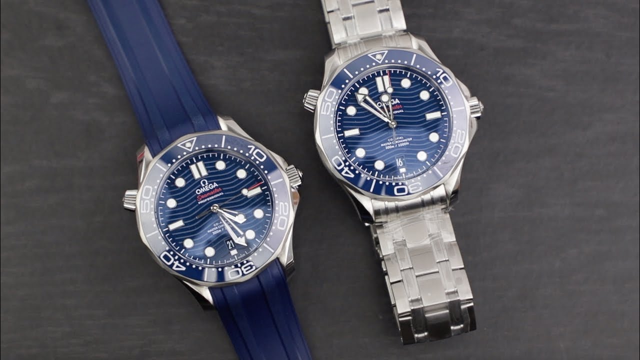 Omega Seamaster Diver 300M Blue Rubber Strap VS Steel Bracelet side-by-Side