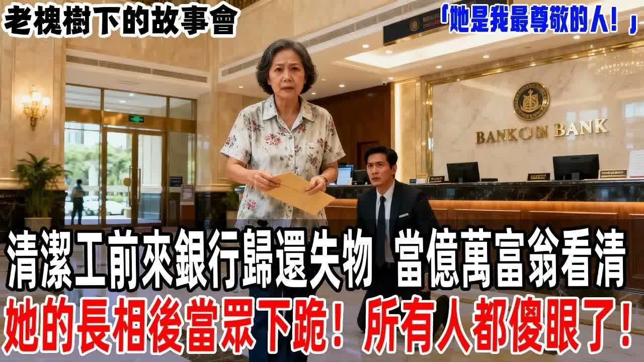 「她是我最尊敬的人！」清潔工前來銀行歸還失物，當億萬富翁看清她的長相後，當眾下跪！所有人都傻眼了！【老槐樹下的故事會】#情感故事 #老年生活 #人生感悟 #情感共鸣#故事分享#故事#原創#爽文