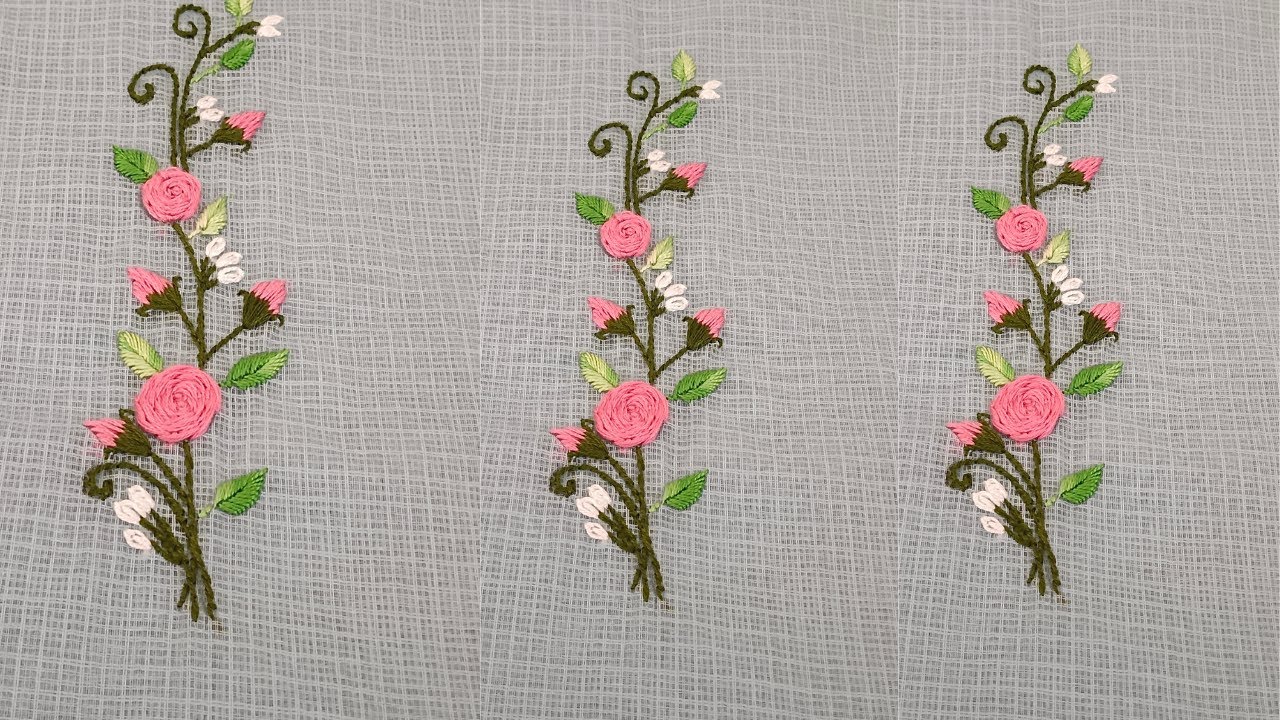 Stem Stitch Rose Flower Embroidery on Check Kotta Saree | Daily Wear Hand Embroidery Saree