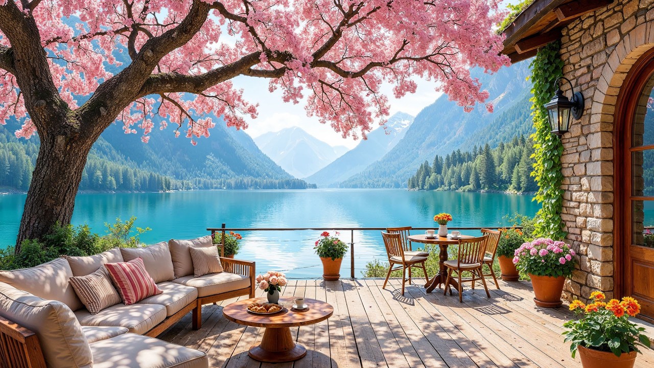 🌸 Кафе Lakeside Cherry Blossom с успокаивающей джазовой музыкой | Весенняя расслабляющая музыка з...