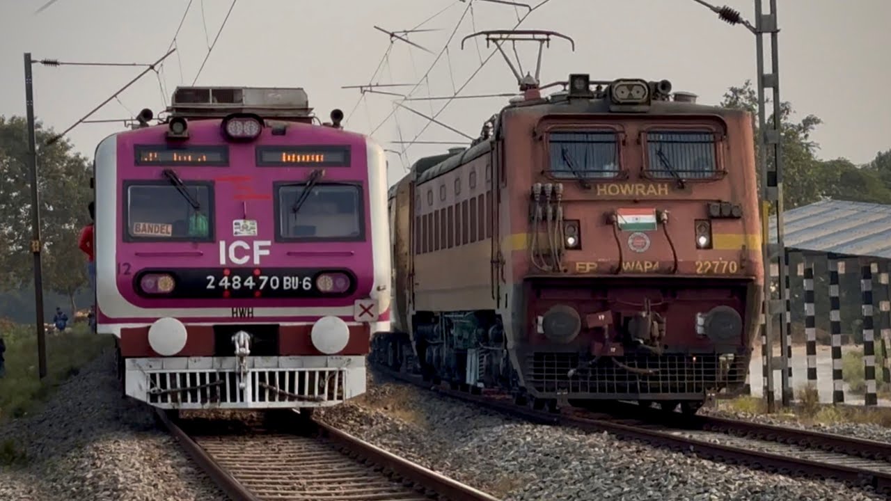 Dangerous Wap4 Locomotive Leads Azimganj Kabiguru Express +Bandel Katwa Local Skipping Huge Curve 