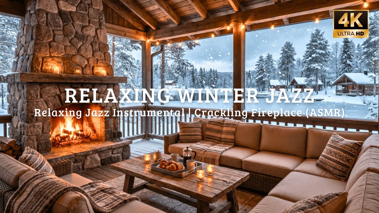 🔴 Frosty Night Cabin ❄️ Smooth Jazz Piano & Crackling Fire for Deep Sleep