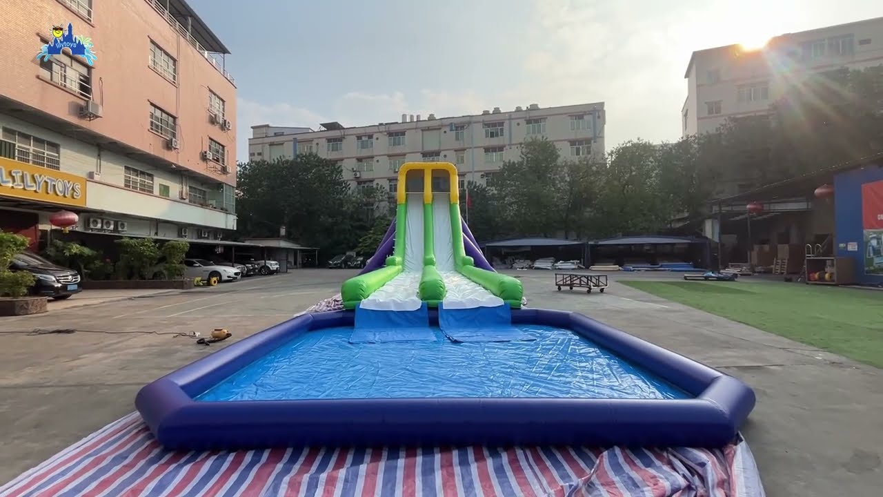 Purple-Green-Yellow Extra-Long Inflatable Slide: Bold Colors for Eye-Catching Summer Water Fun!