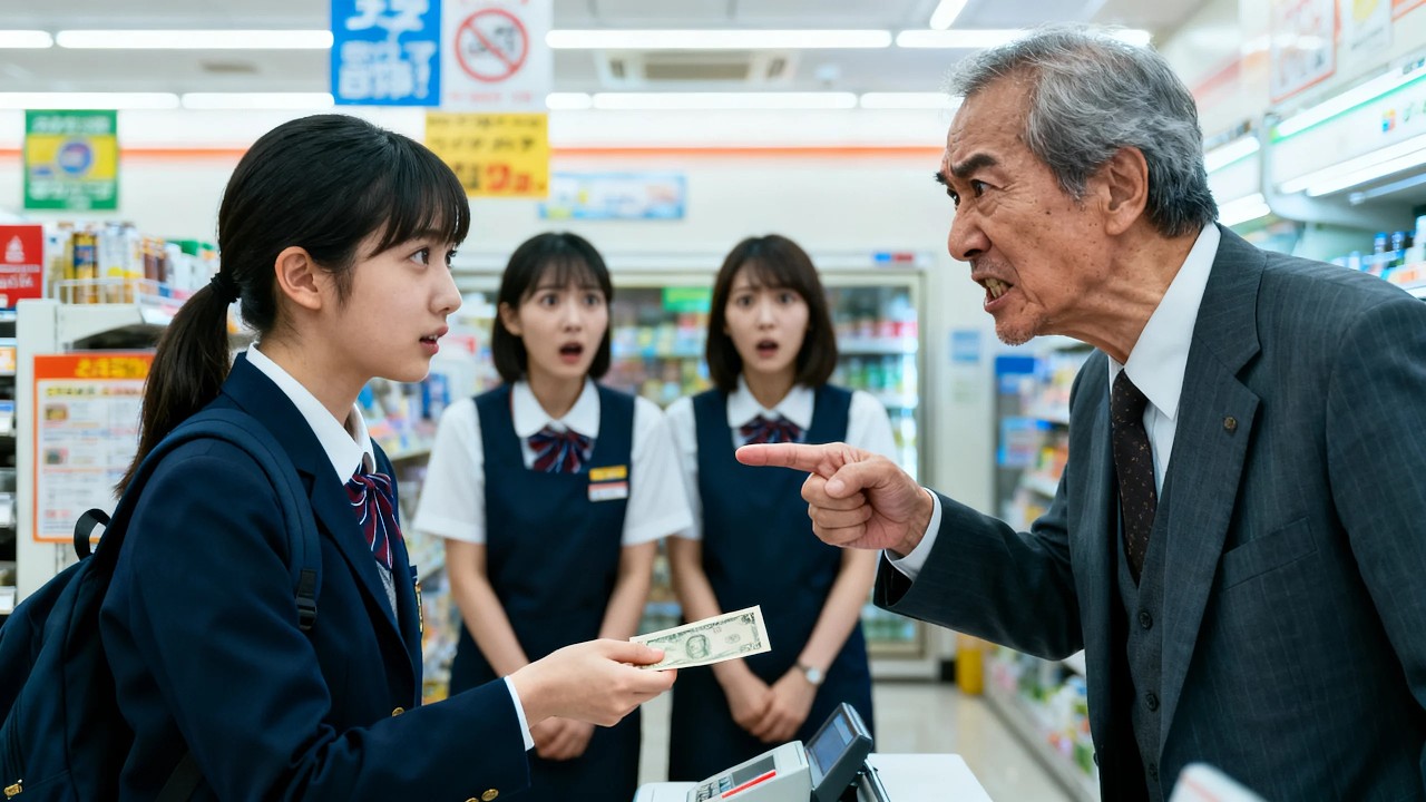 万引き犯と決めつけられたお爺さんをかばい、全財産1000円を渡した貧乏な女子学生。翌日、老爺の本当の正体が発覚し、横暴な店長の悪事が全て暴かれる…