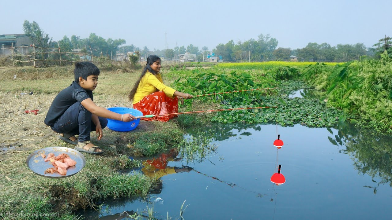 Fishing Video || The Girl is happily fishing in the pond with her brother || Best hook fishing
