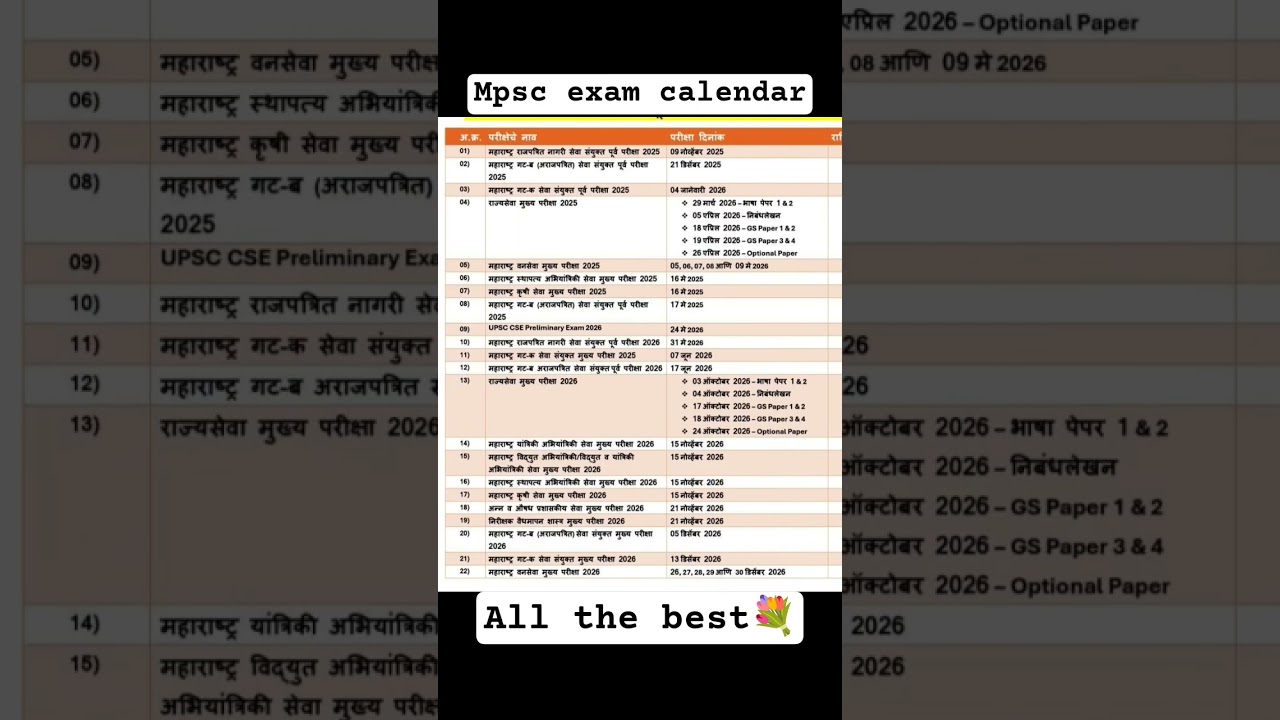 mpsc exam calendar 2026 out!! All the best 💐💐 #upsc #mpscstudy #prelims #civilserviceexam