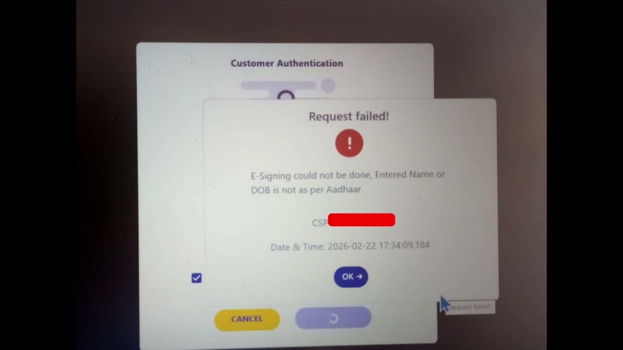 SBI CSP !! E-Signing Account Opening Failed!! Name or DBO is  Not As per Aadhar!!