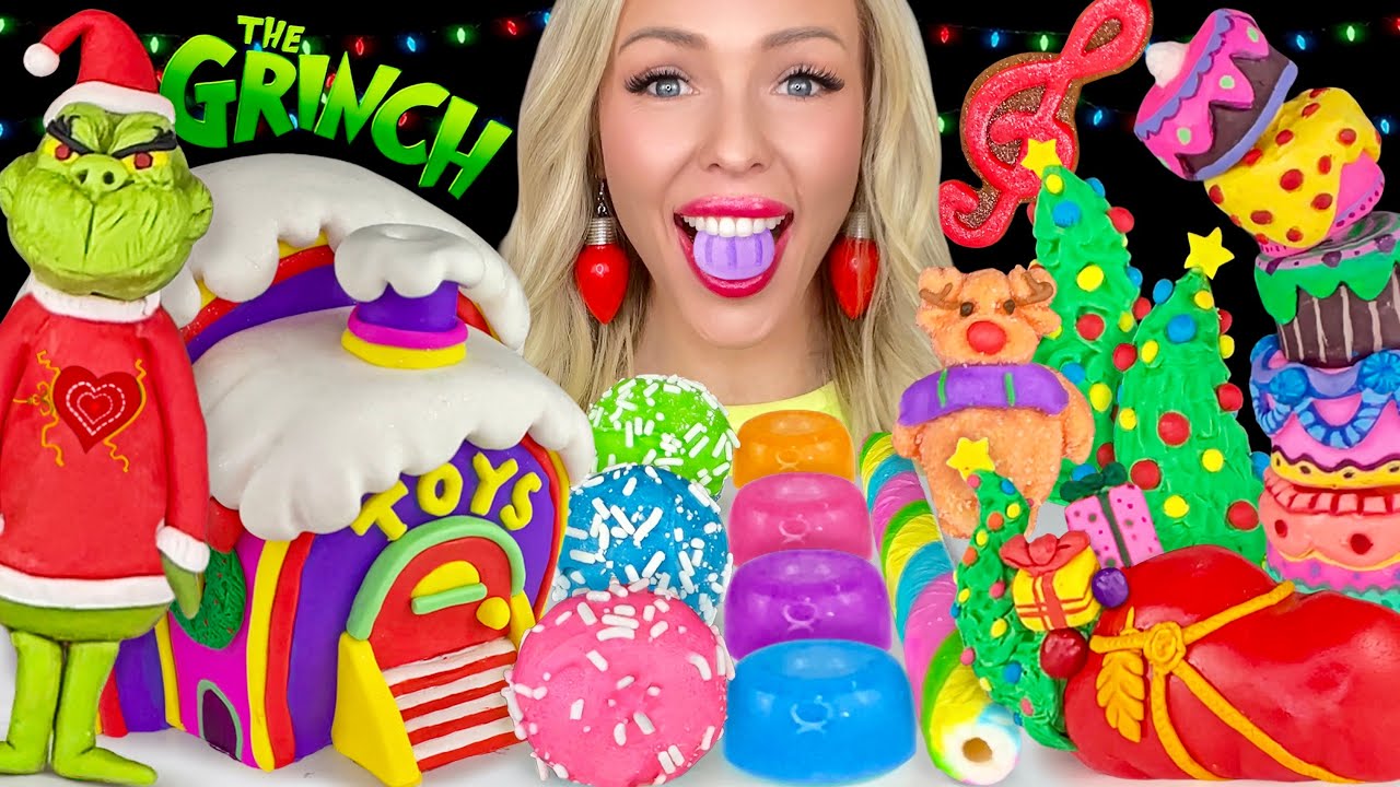 ASMR MUKBANG, Grinch Desserts, Edible Christmas Tree, Gumdrops, Meringue Cookies, Gingerbread 먹방