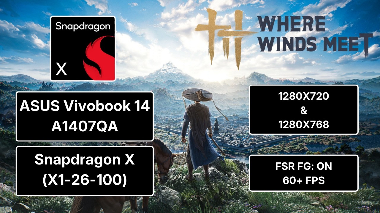 Where Winds Meet | ASUS Vivobook 14 A1407QA (Snapdragon X1-26-100) | 1280x720 & 1280x768 FG ON