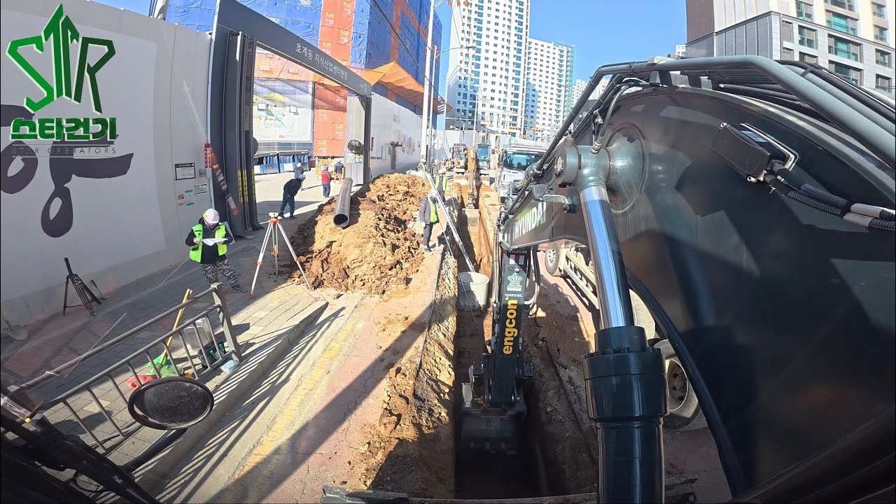(4k)Hyundai hw155a engcon. 아파트 부대토목 part13 .(외부오수관로) #excavator #tiltrotator #engcon 🇰🇷