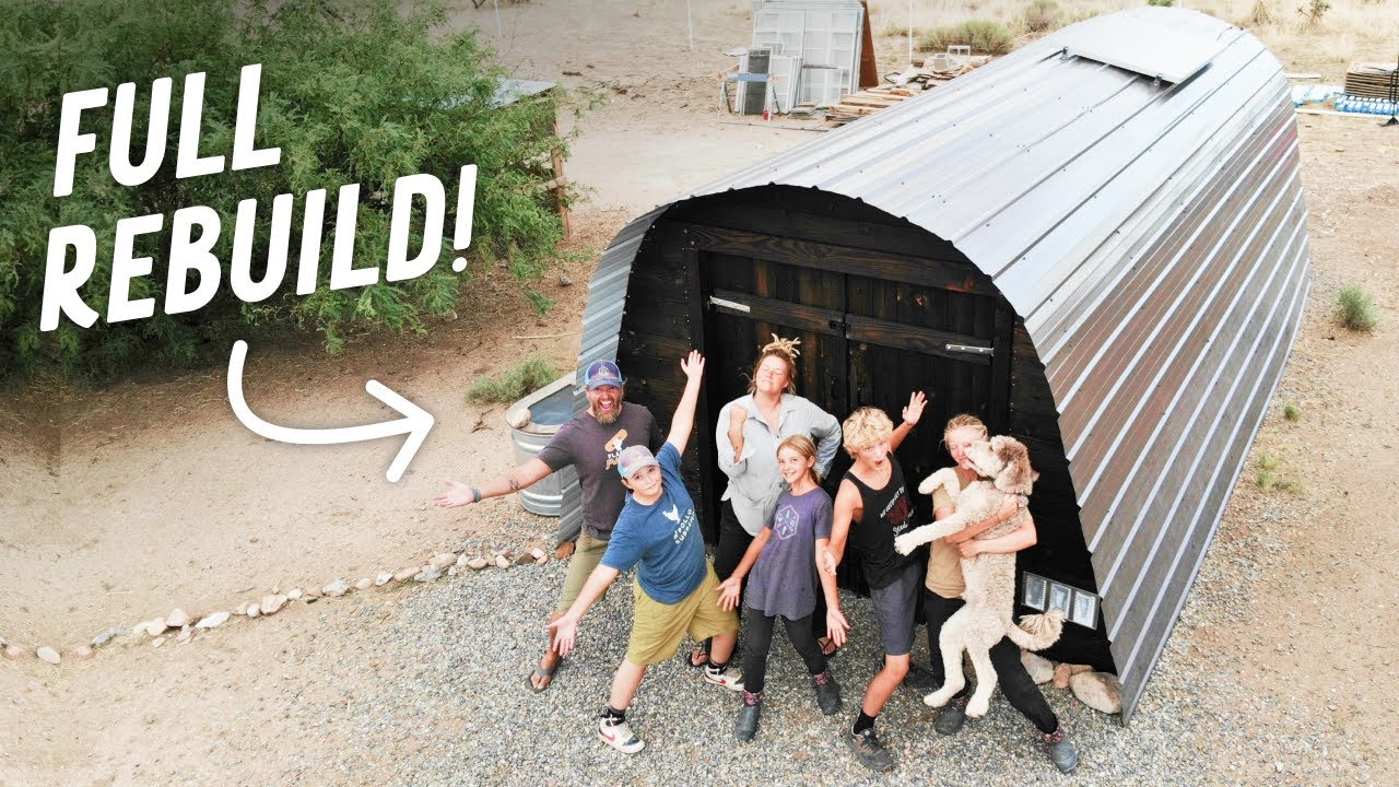 Family REBUILDS Torn ShelterLogic with Barn Doors, Earthbag Walls, Metal Roofing & Solar System