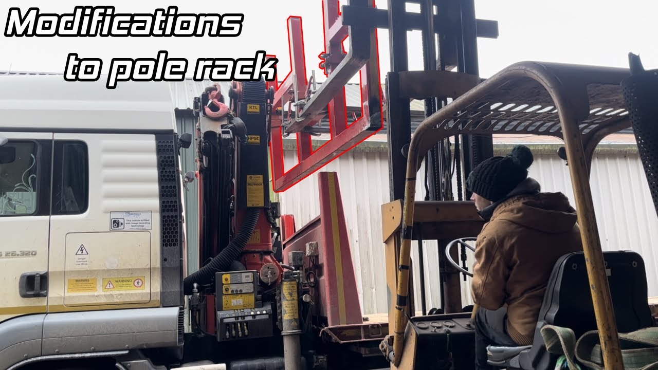 Fixing and modifying electric pole rack on truck.