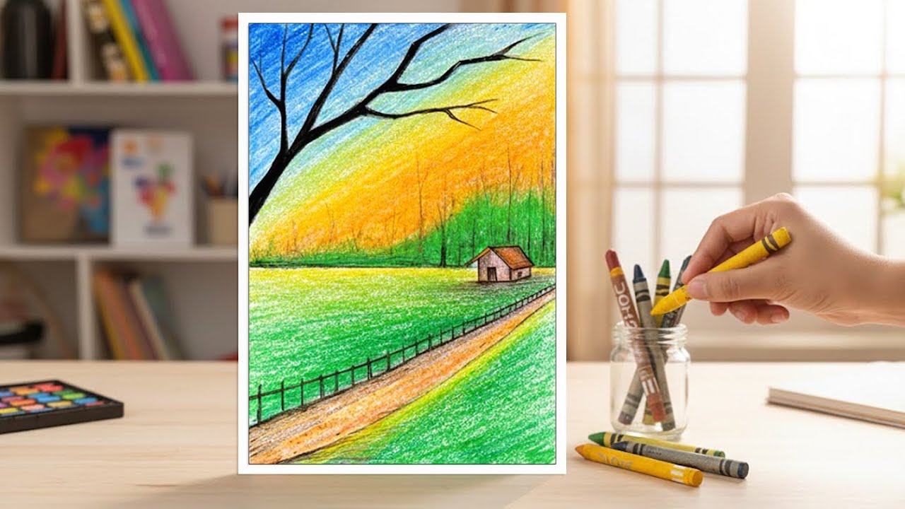 Peaceful Countryside Landscape Drawing with Crayons | Easy Crayon Art