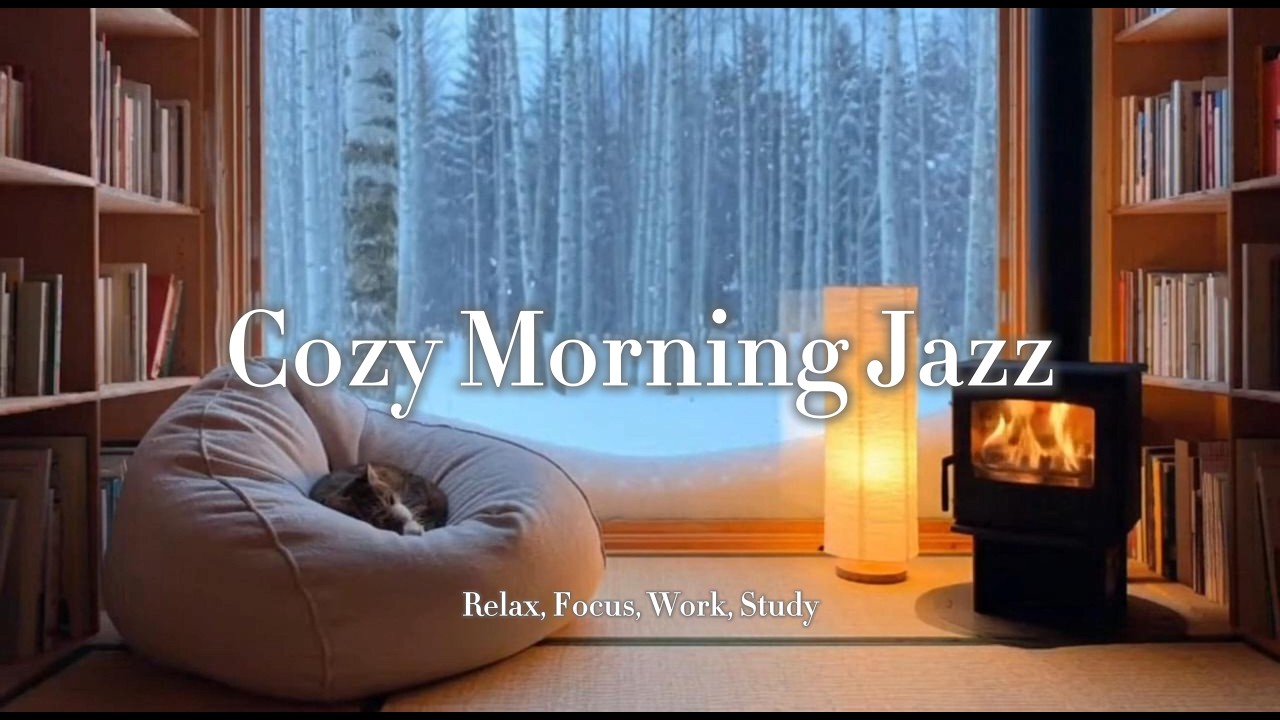 [NO ADS] Soft Cozy Morning Jazz for Study & Focus☕ | Fireplace background